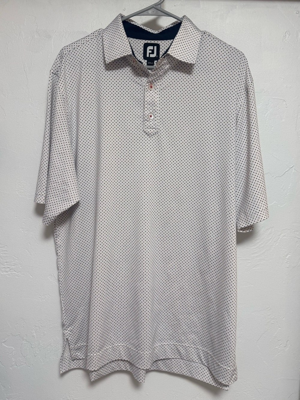 FootJoy Men’s White Golf Polo with Navy Micro-Dot Pattern